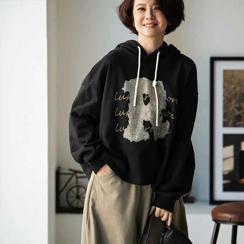 Korean Style Letter Print Black Hoodie
