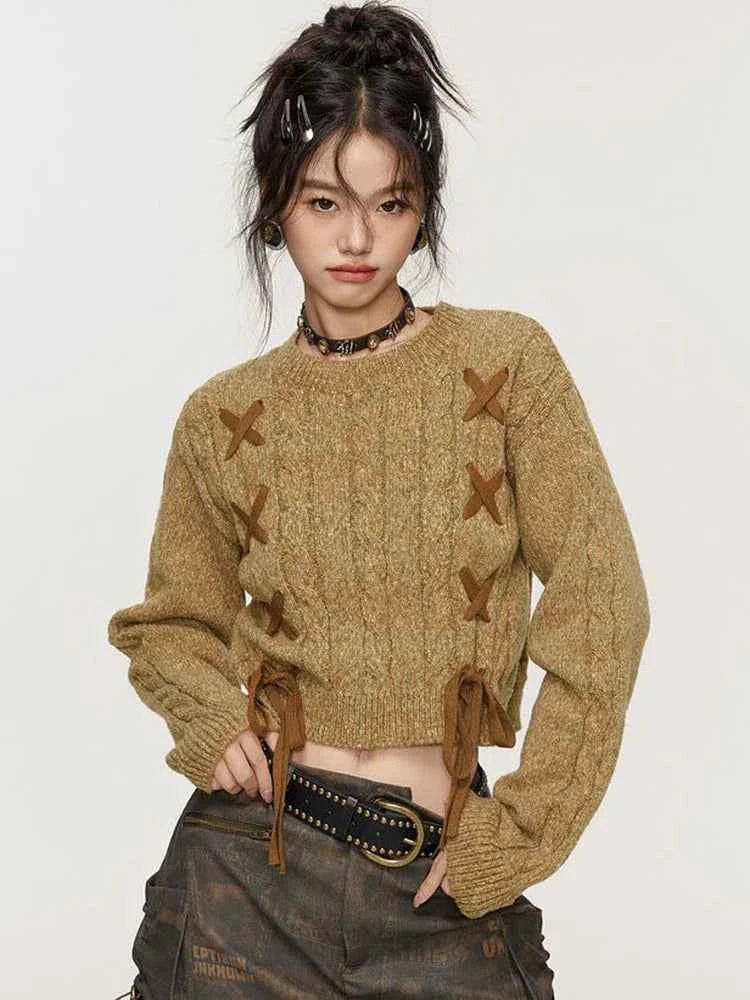 Women Vintage Hip Hop Retro Knitted Lace-Up Sweater