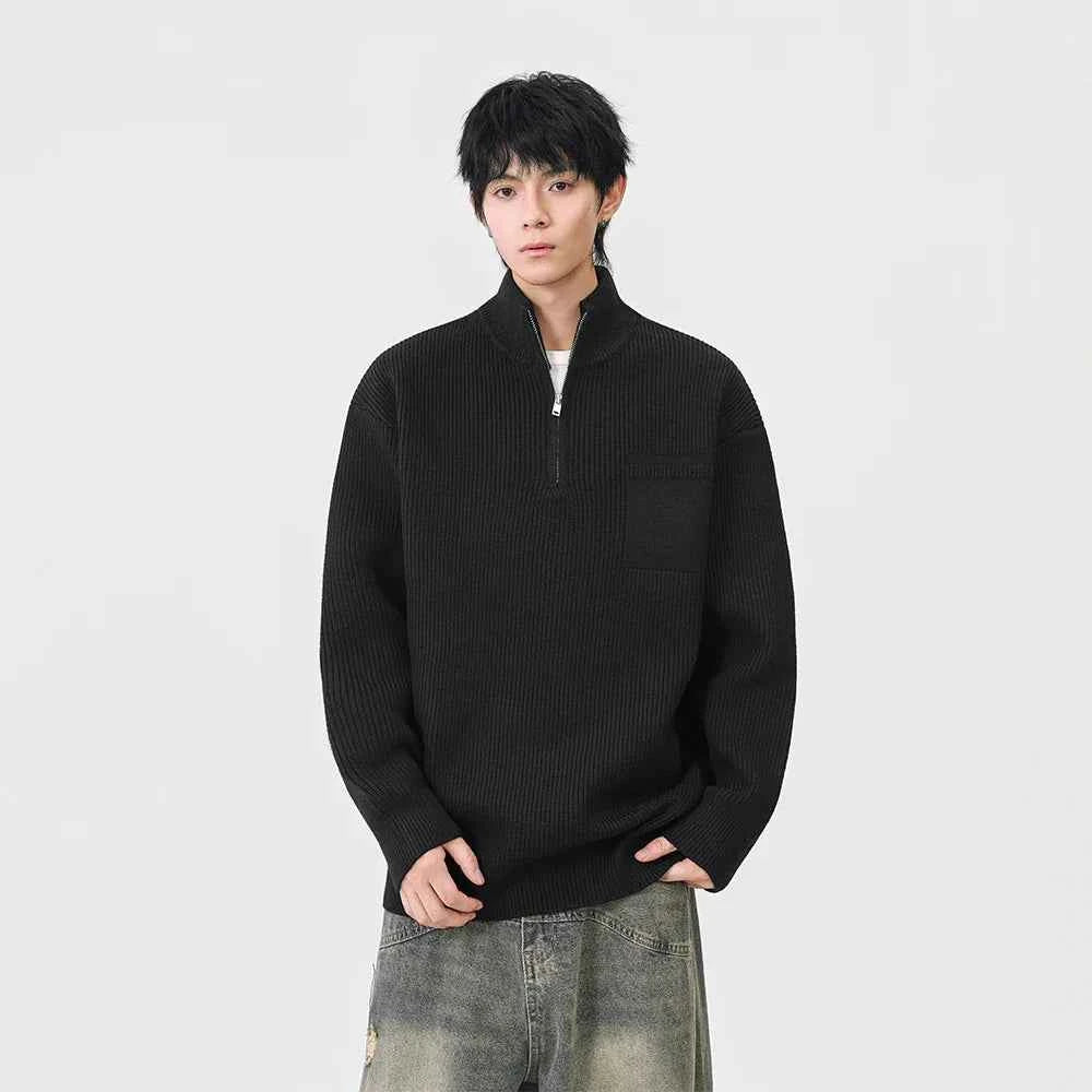Soft Ribbed Knit Mock Neck Half Zipper Sweater