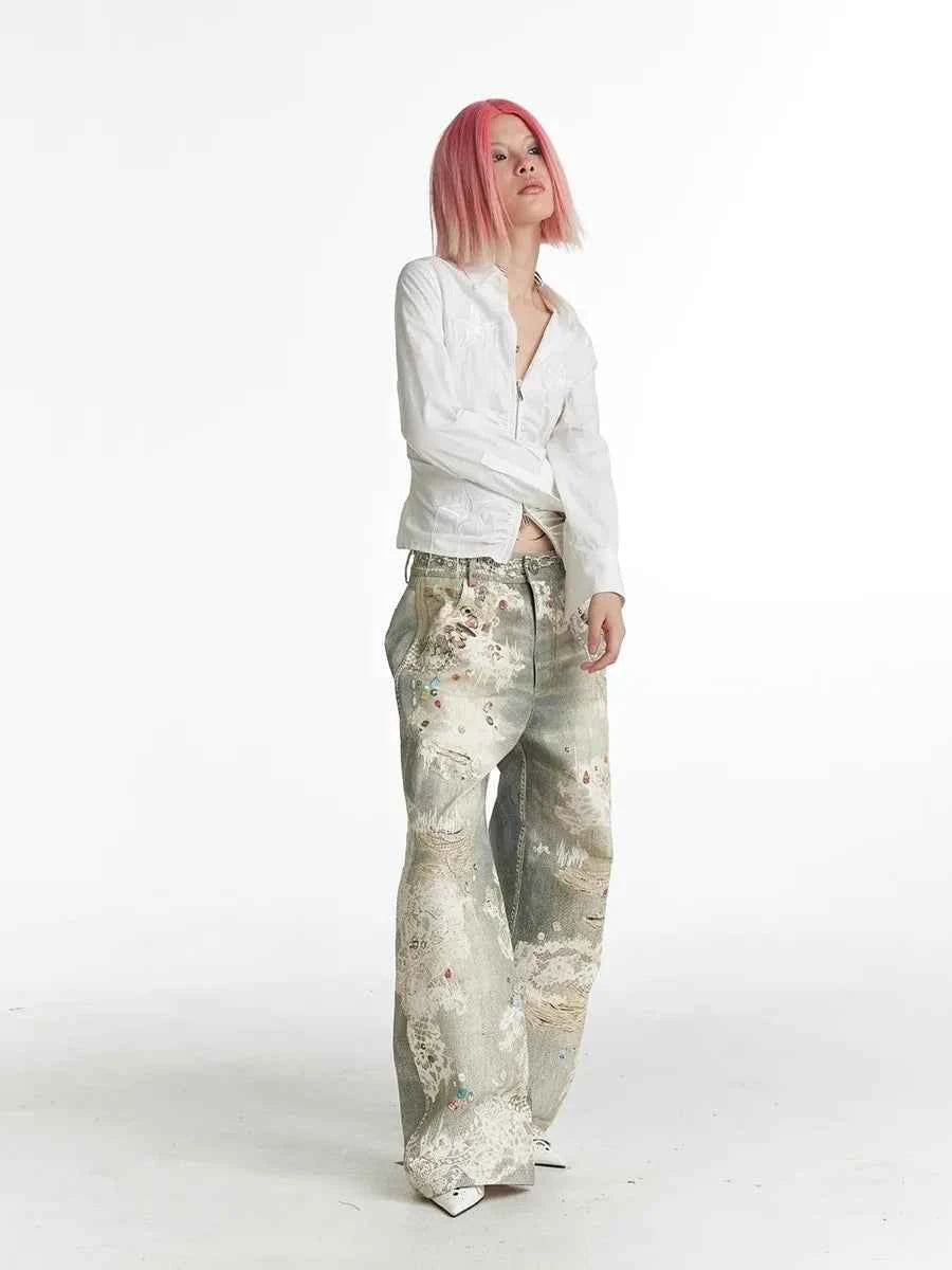 Retro Streetwear Punk Graffiti Print Baggy Jeans