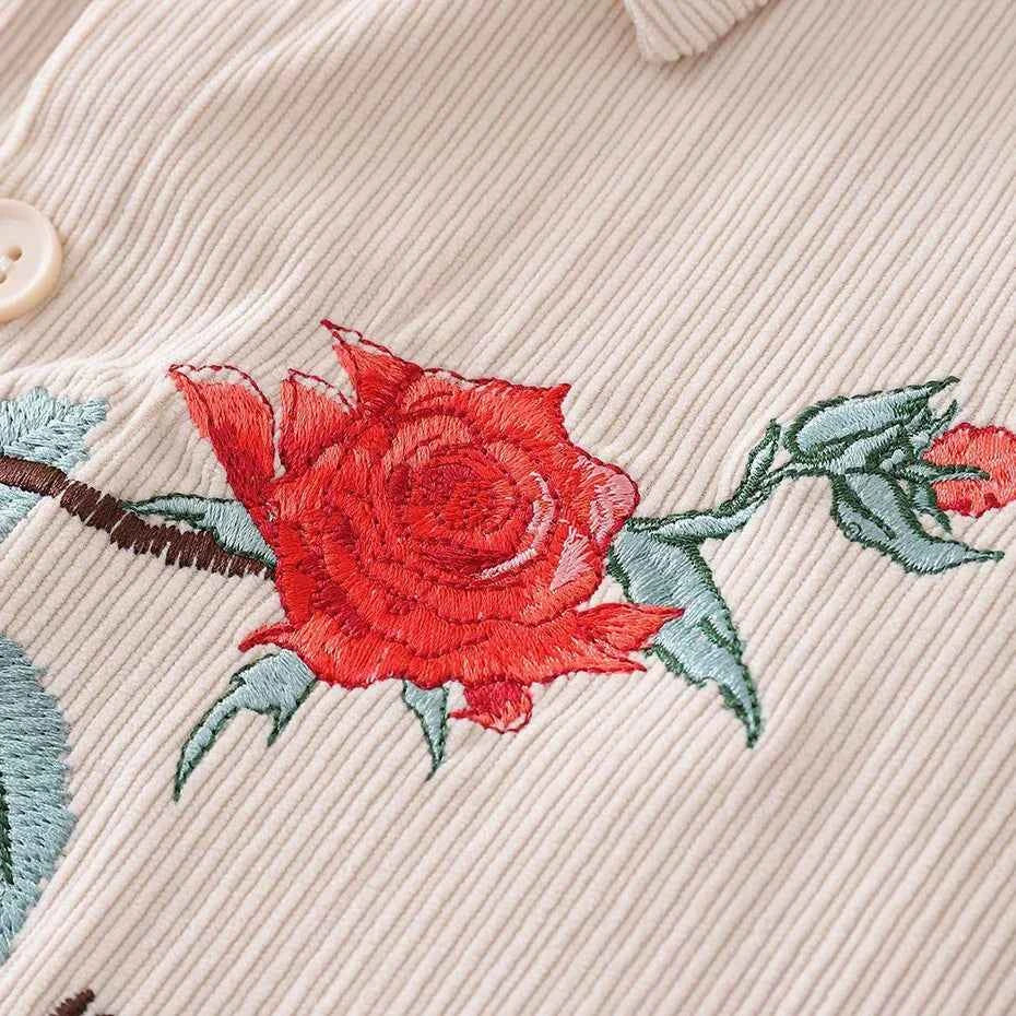 Rose Embroidery Corduroy Button-Up Short Sleeve Shirt