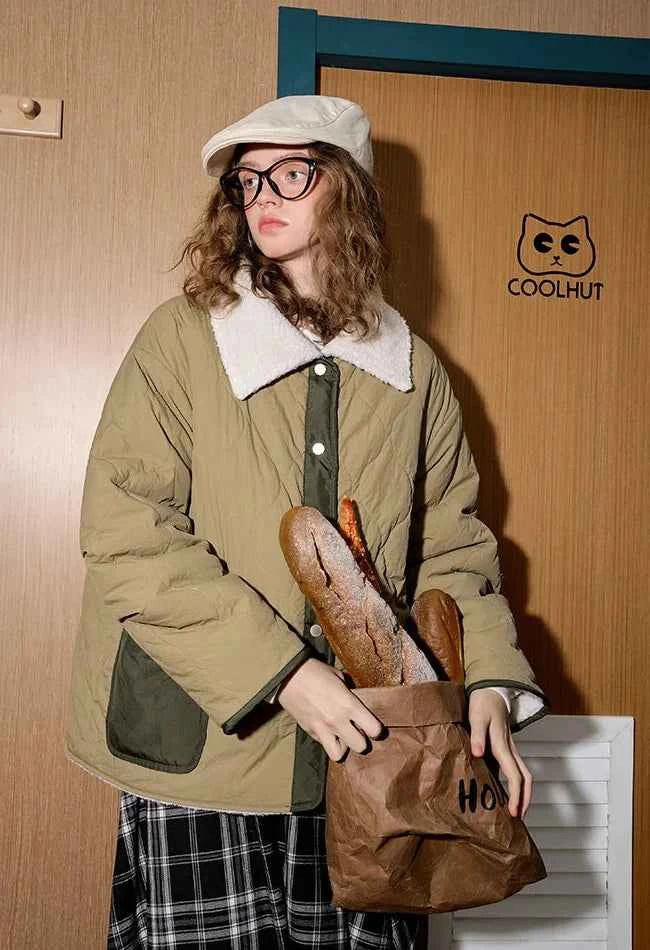 Colorblock Gourd Pattern Faux Fur Parka Jacket