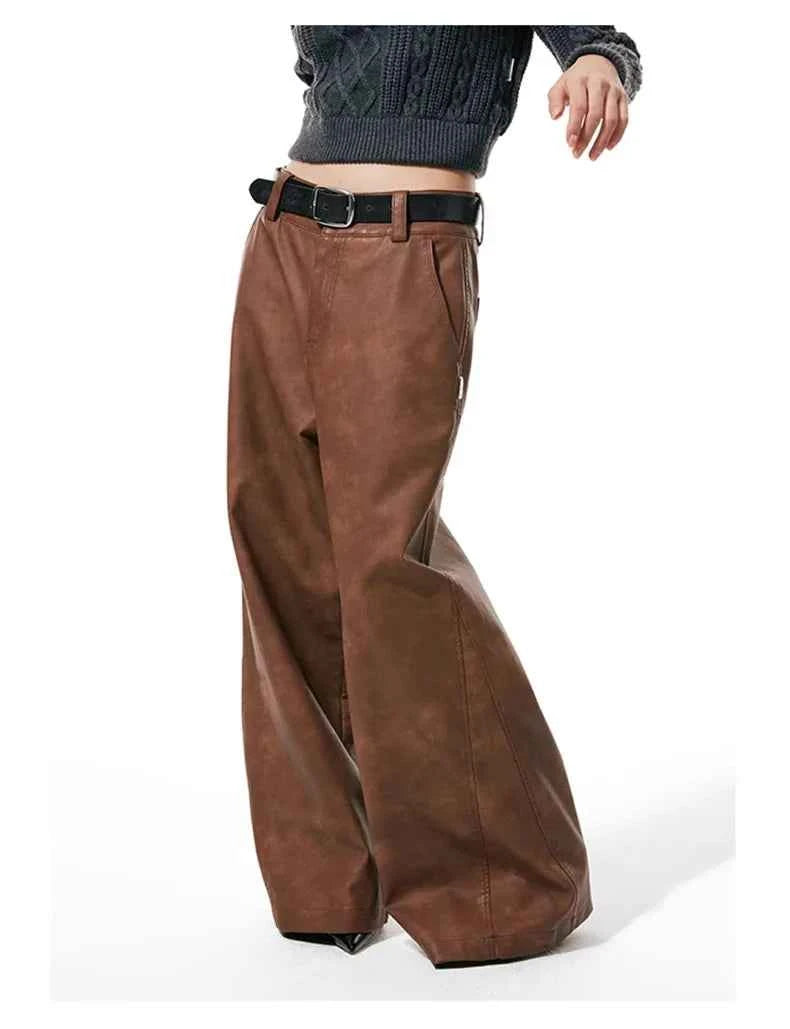 Women Luxury Brown Wide Leg Leather Pants