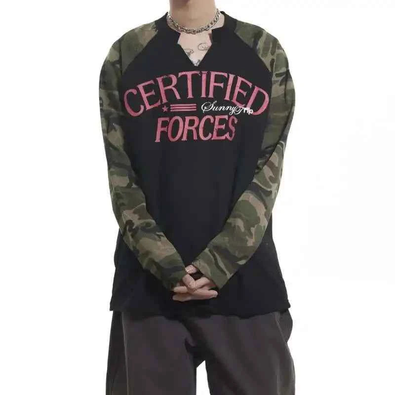 Vintage Camo Henley Collar Long T-Shirt
