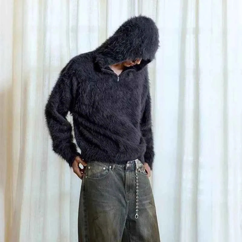 Retro Cozy Knitted Half Zipper Hoodie