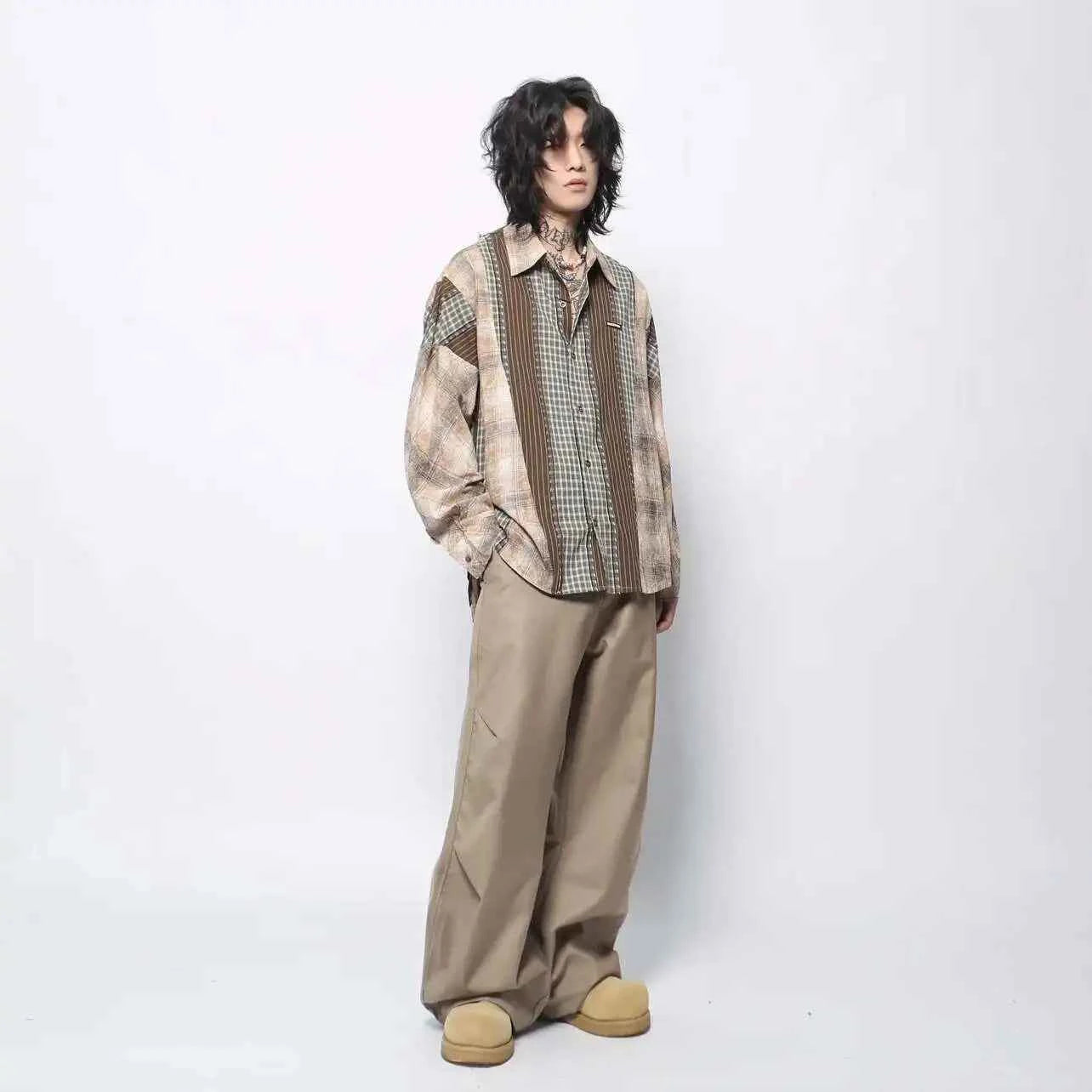 Men Flattering Colorblock Plaid Long Sleeved Shirt