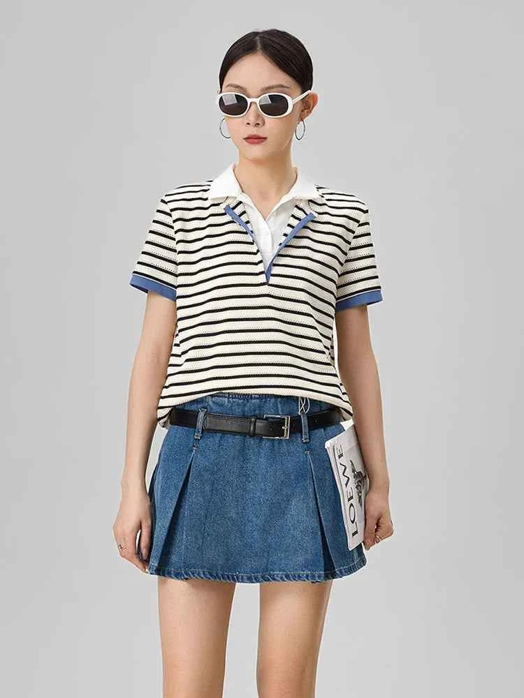 Cozy Striped Polo V-Neck Knit T-Shirt