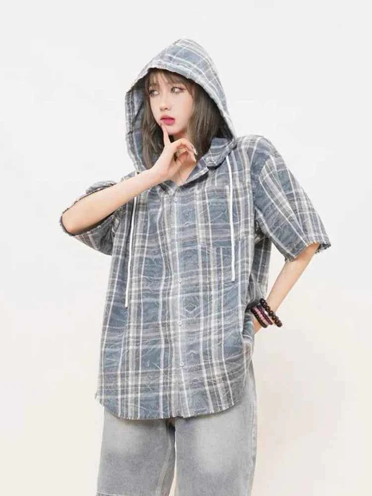 Women Hip Hop Retro Plaid Loose Hooded Blouse Shirt