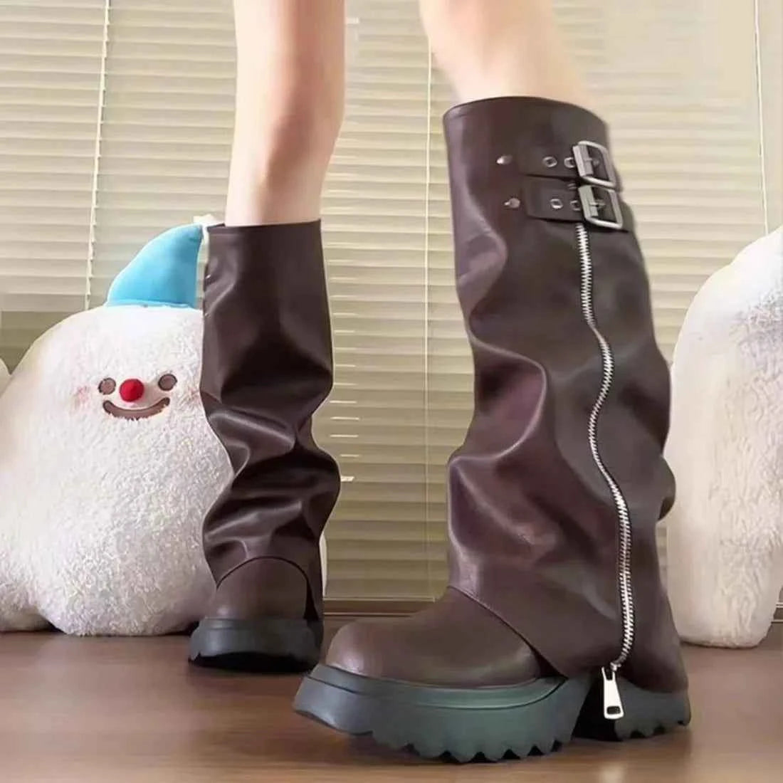 Edgy Spliced Thick Sole Knee-High Zipper Boot