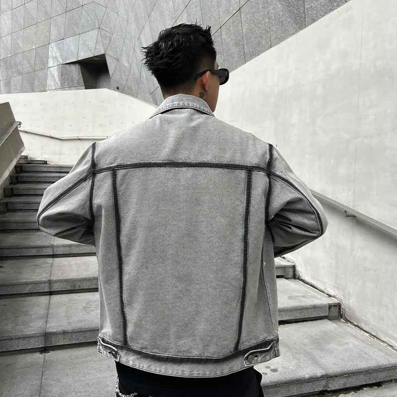 Gray Korean Style Vintage Motorcycle Denim Jacket