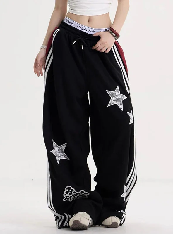 Breathable Oversized Black Stripe Wide Leg Jogger - Luxuryurbanwear