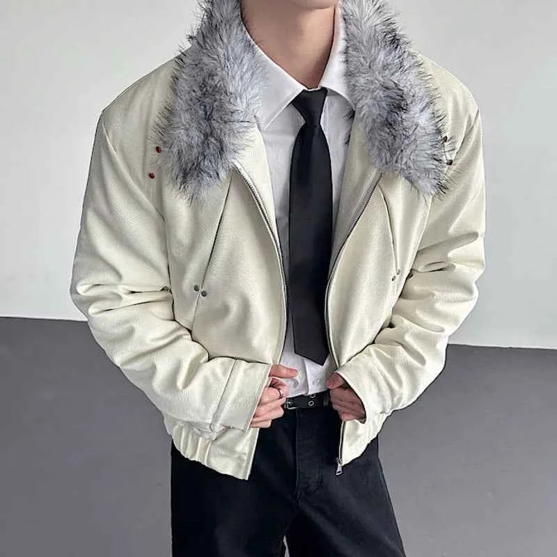 Niche Design Diamonds Fur Collar PU Leather Jacket