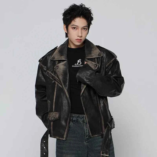 Streetwear Retro Distressed Black Leather Jacket