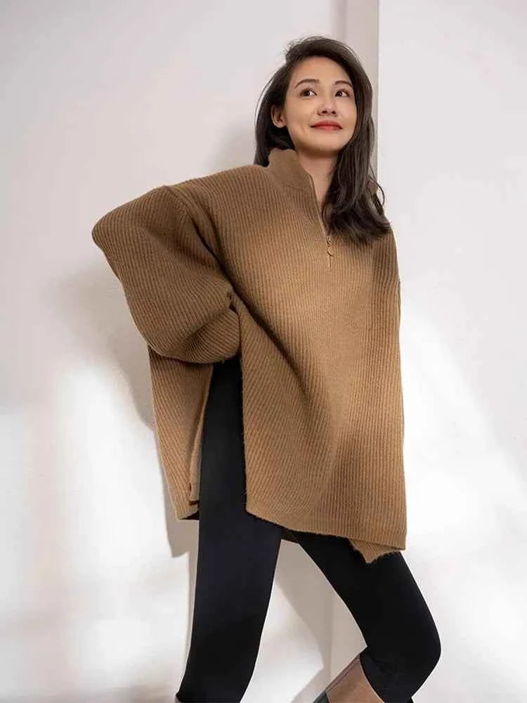 Cozy French Retro Zipper High Neck Sweater