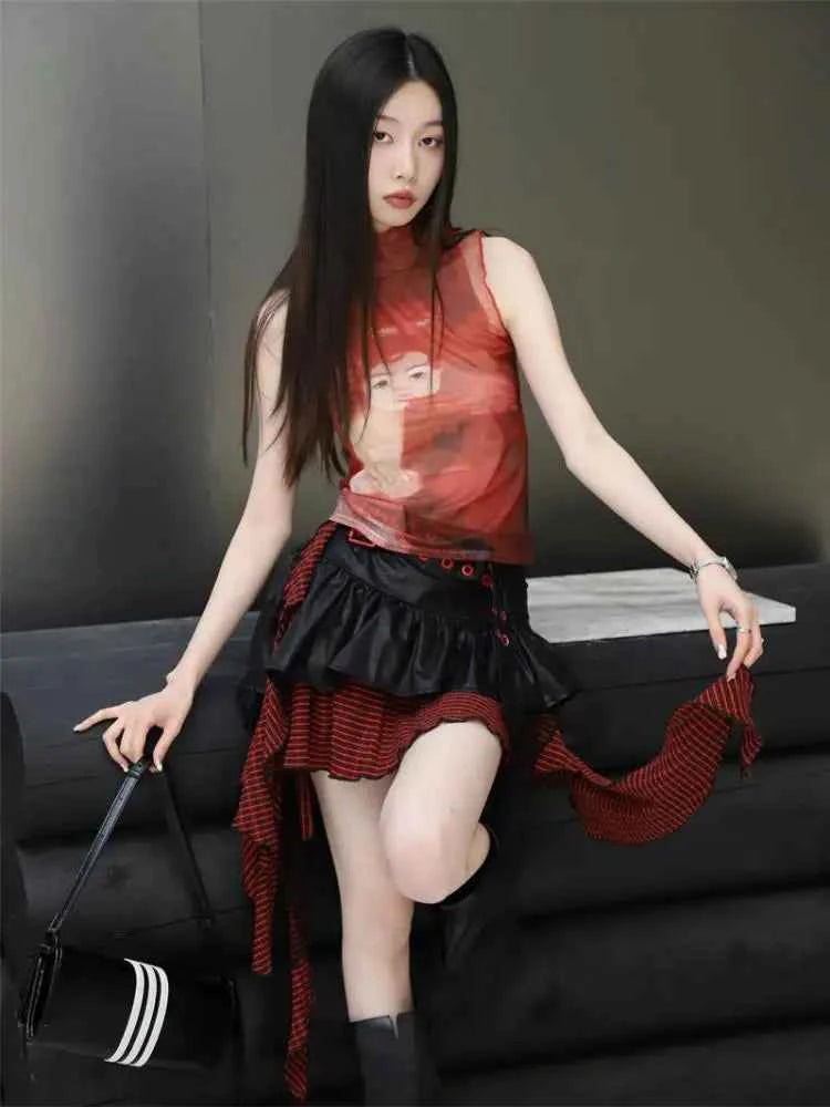 Bold Red Mesh Graphic Tank T-Shirt