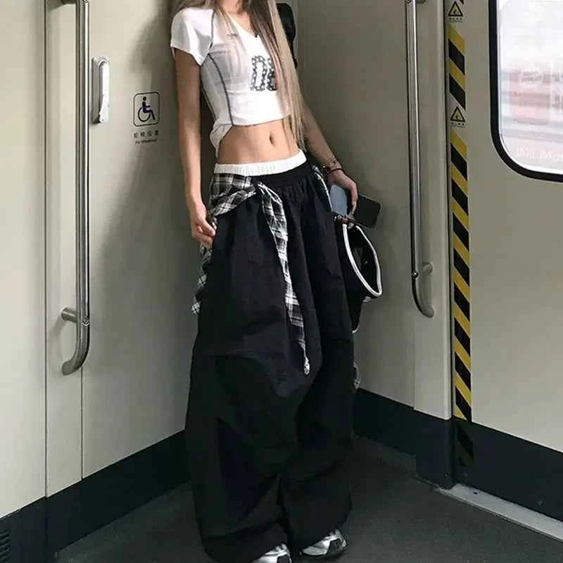 Black Plaid Wide Cargo Pants