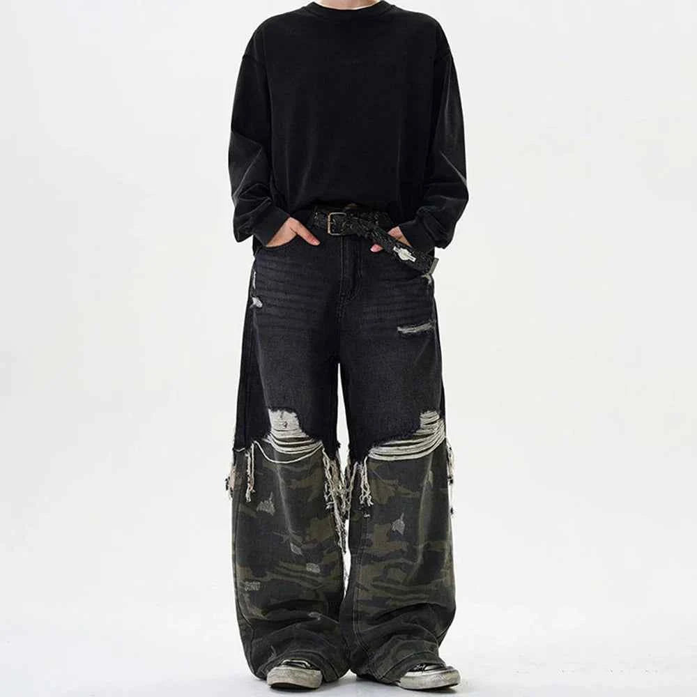 Vintage Camouflage Stitched Baggy Ripped Jeans