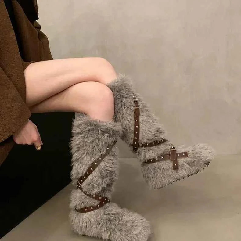 Gothic Y2K Plush Furry Winter Boot