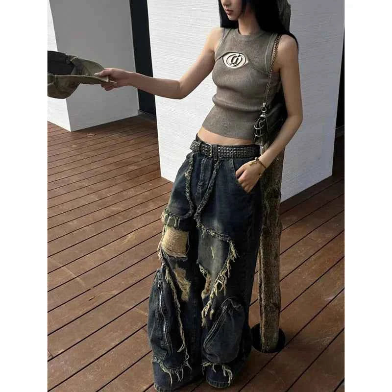 Y2K Women Vintage Blue Gothic Cargo Denim Jeans