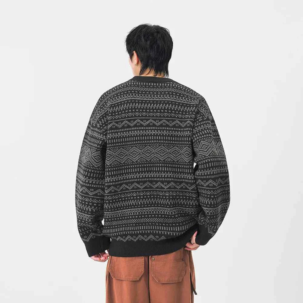 Y2K Plush Ethnic Knit Crew Neck Sweater