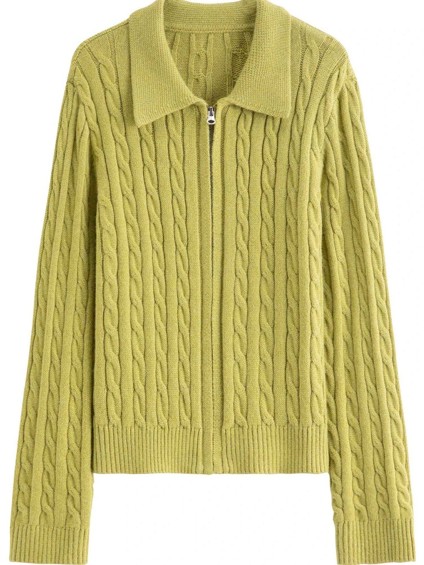 Soft Waxy Knitted Turn-Down Collar Zipper Cardigan