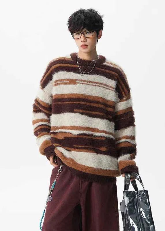 Streetwear Cozy fuzzy Striped Knit Sweater