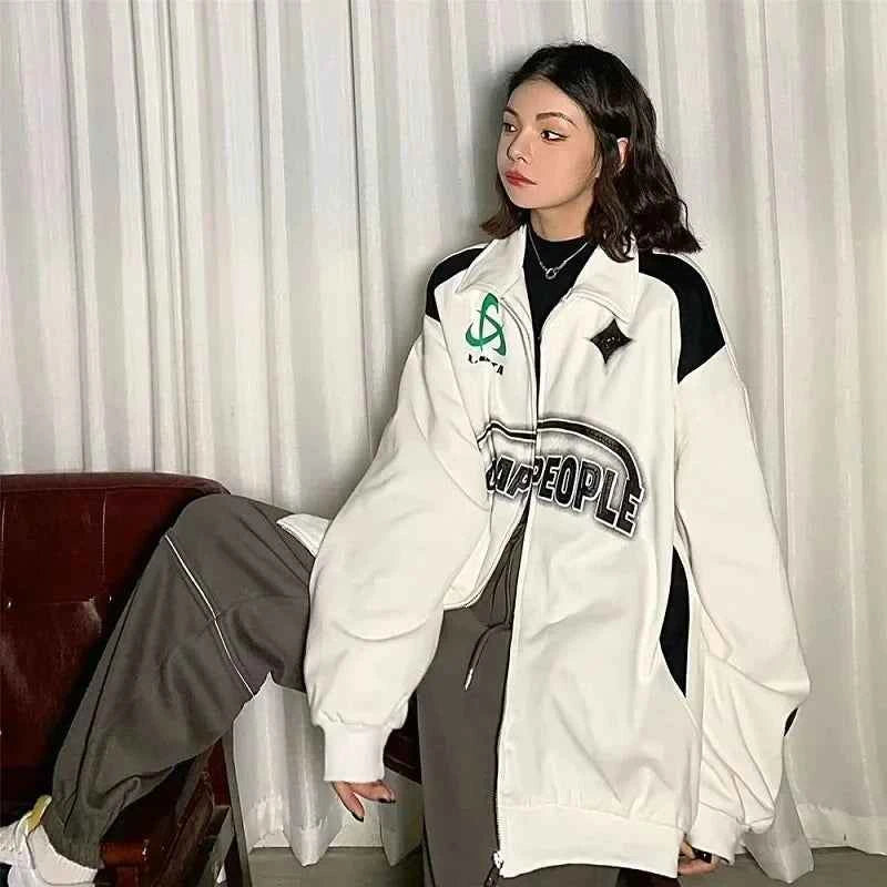 Oversized Vintage Black White Zip-Up Sweatshirt