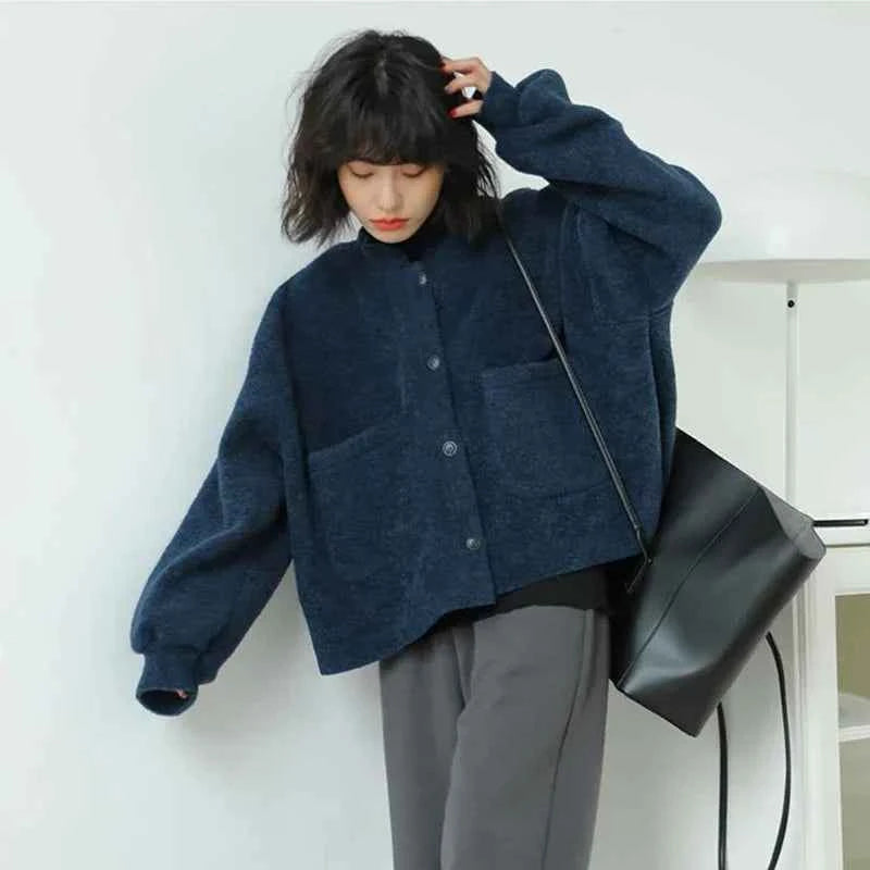 Women Classic Vintage Navy Blue Warm Cardigan