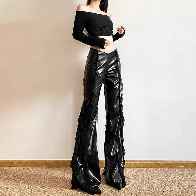 Faux Patchwork Mesh High Leather Pants
