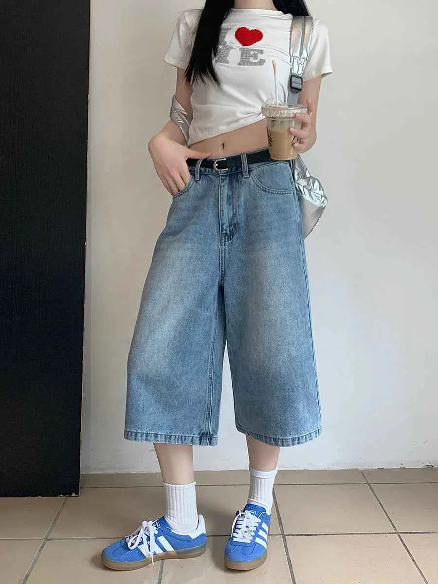 Versatile Blue Distressed Denim Baggy Jorts