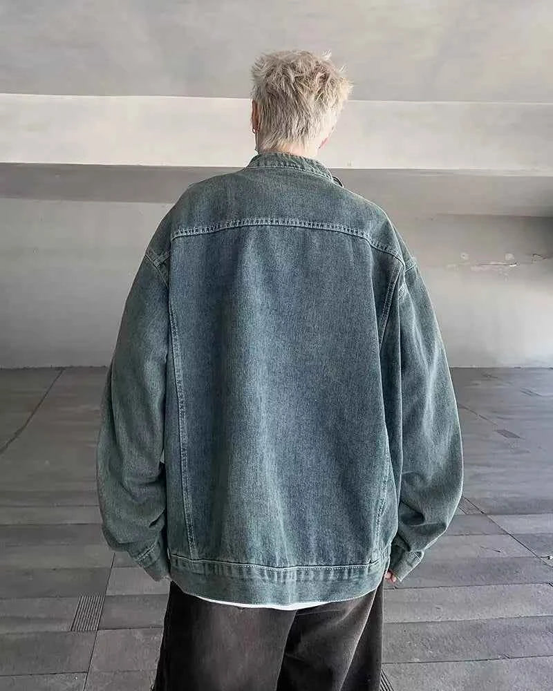Streetwear Korean Style Stand Collar Denim Sweatshirt