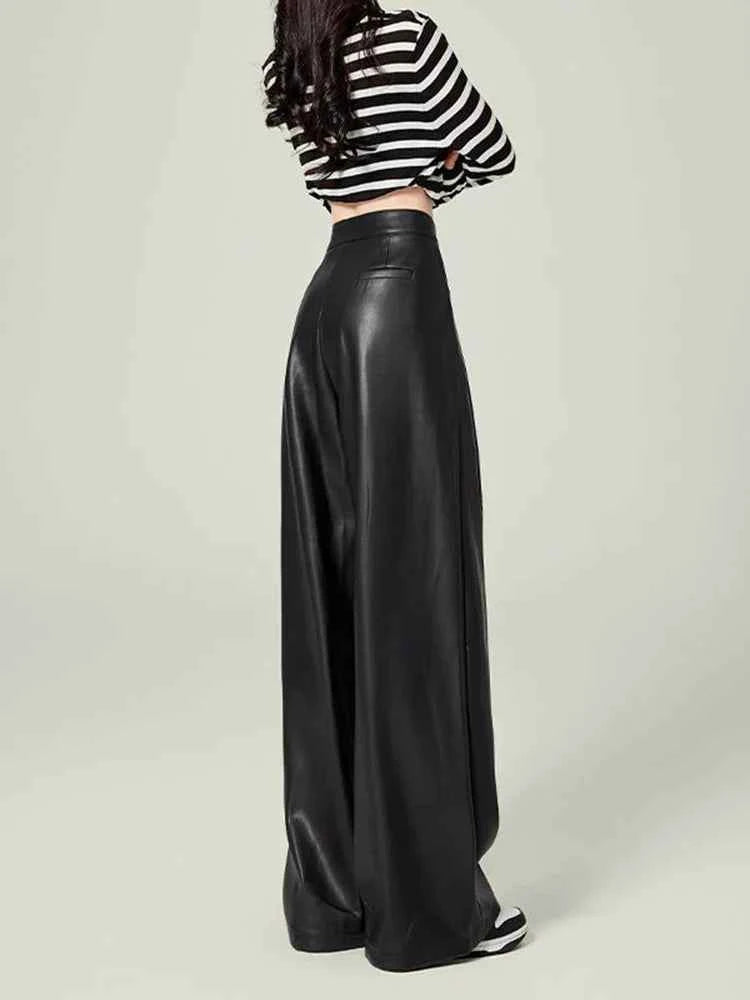 Stylish High Waist Drape Leather Pants