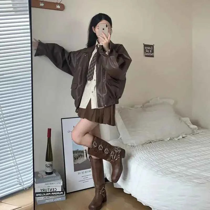 Women Vintage Brown Zipper Leather Jacket