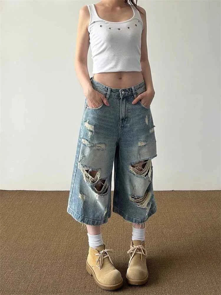 Streetwear Comfort Distressed Wide Leg Denim Jorts