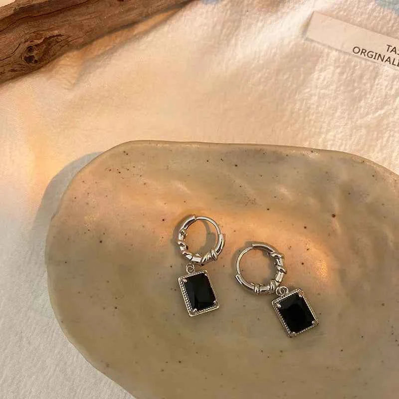 Women Black Zircon Geometric Drop Earrings