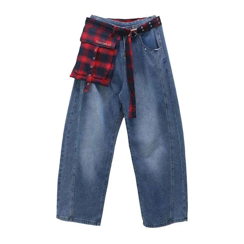 Retro Cool Plaid Printed Loose Denim Jeans
