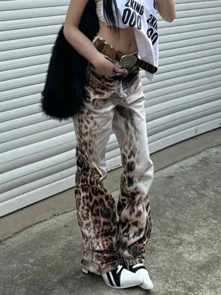 Leopard Print Low Rise Flared Jeans
