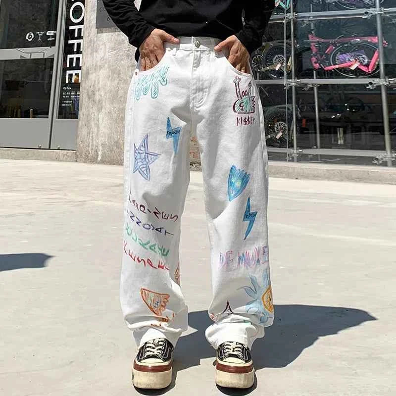 Wide Leg Flow Lightning Graffiti Printed Jeans