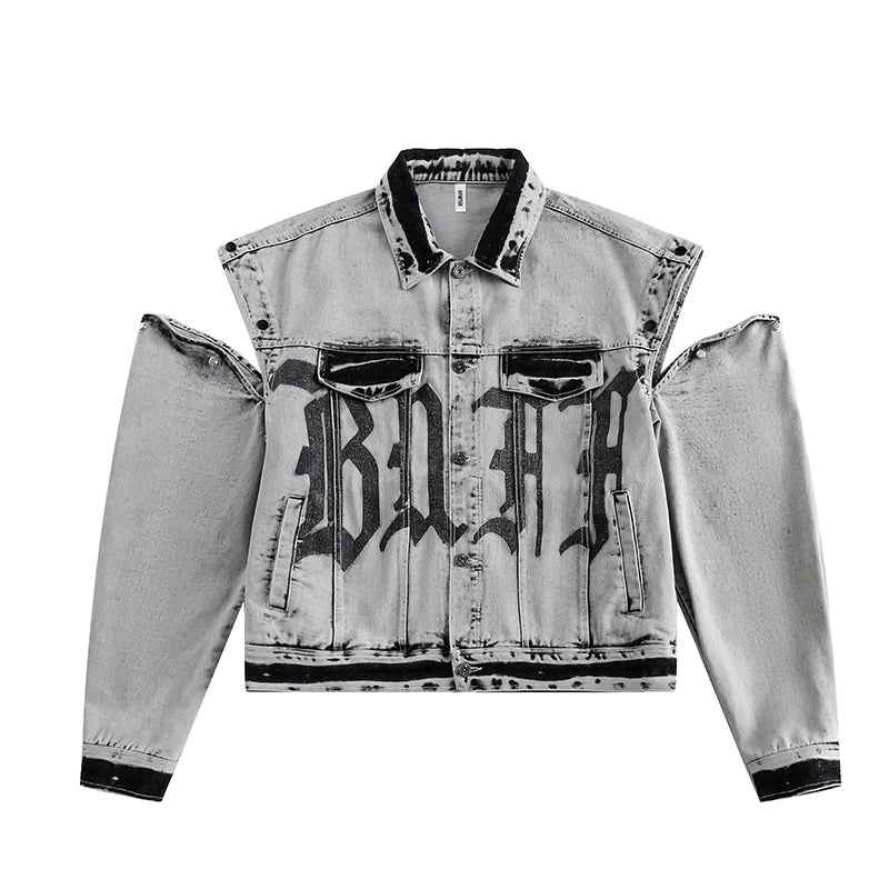 Washed Gray Oversize Letter Work Denim Jacket