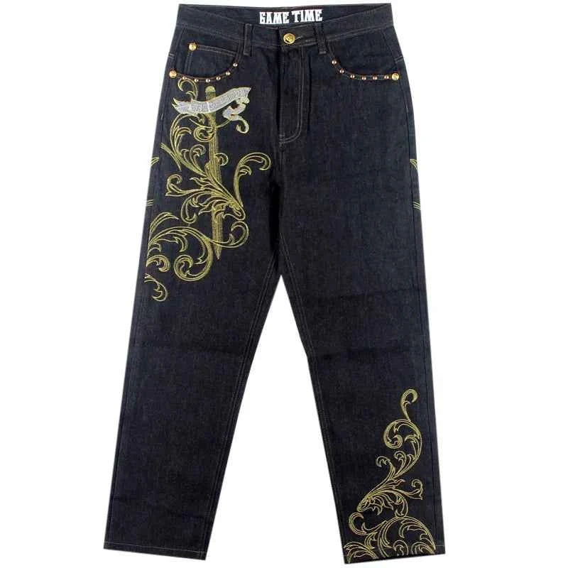 Embroidered Spliced Straight Fit Denim Jeans