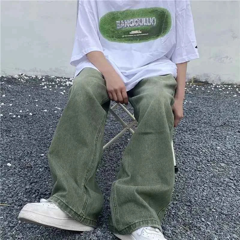 Streetwear Gradient Green Denim High Waist Jeans