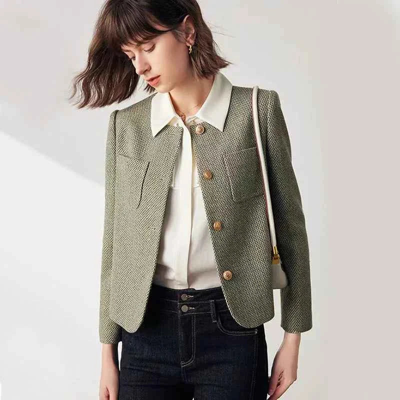 Woman Elegant Korean Tweed Crop Cardigan