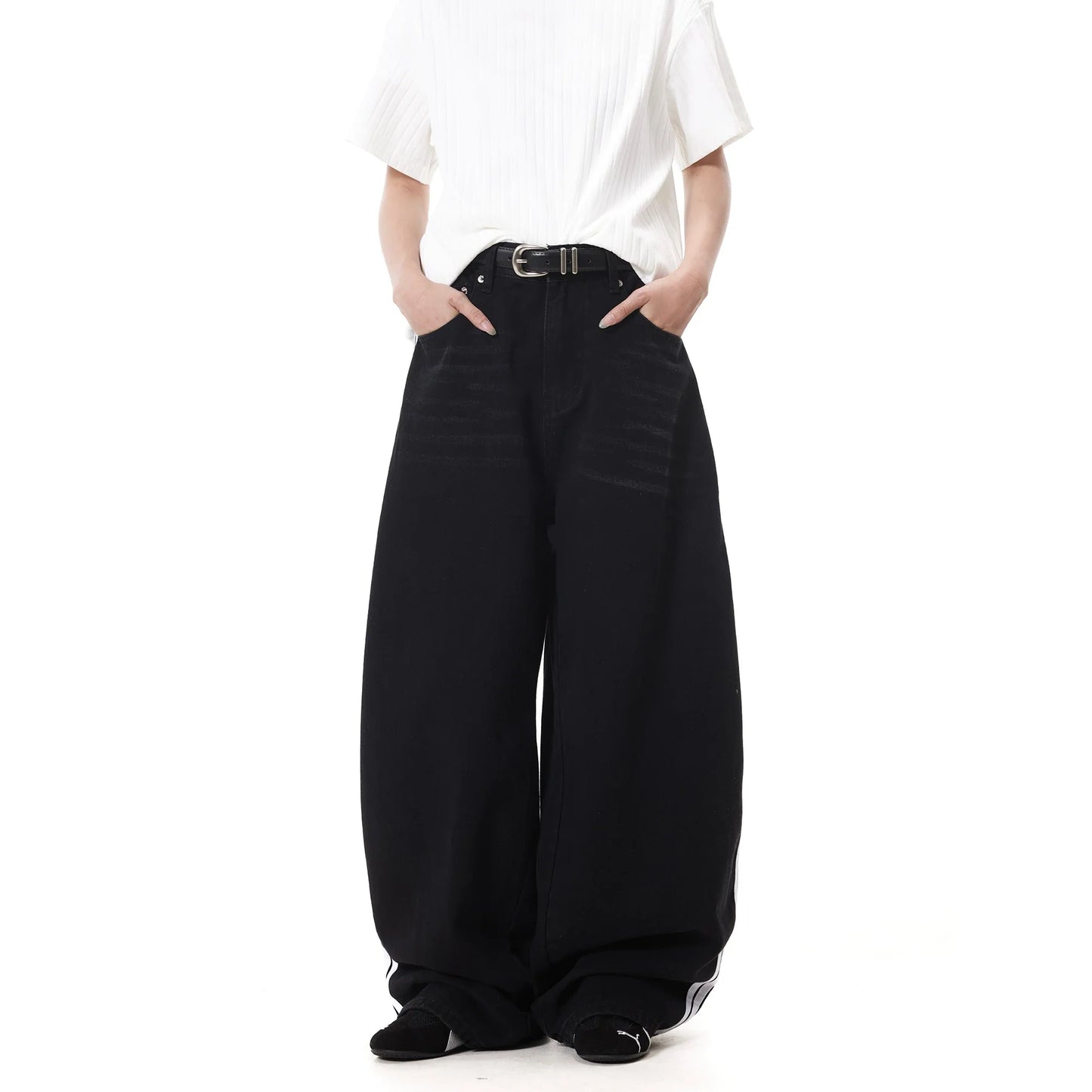 Black Baggy Arc Shaped Vertical Jeans - Luxuryurbanwear