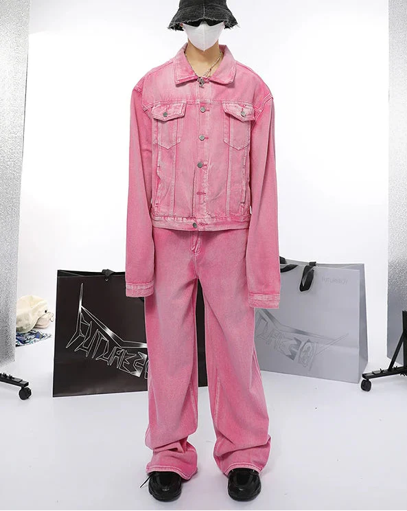 Pink Chic Oversized Denim Jacket And Baggy Jeans - Luxuryurbanwear