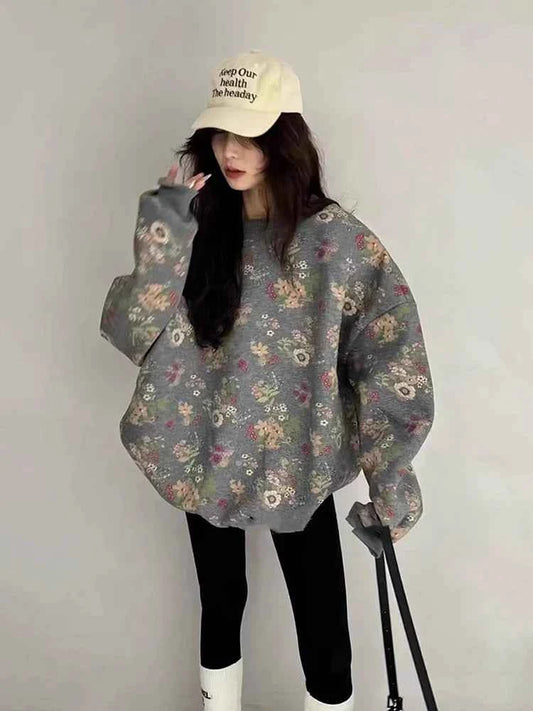 Vintage Women Gray Floral Round Sweatshirt