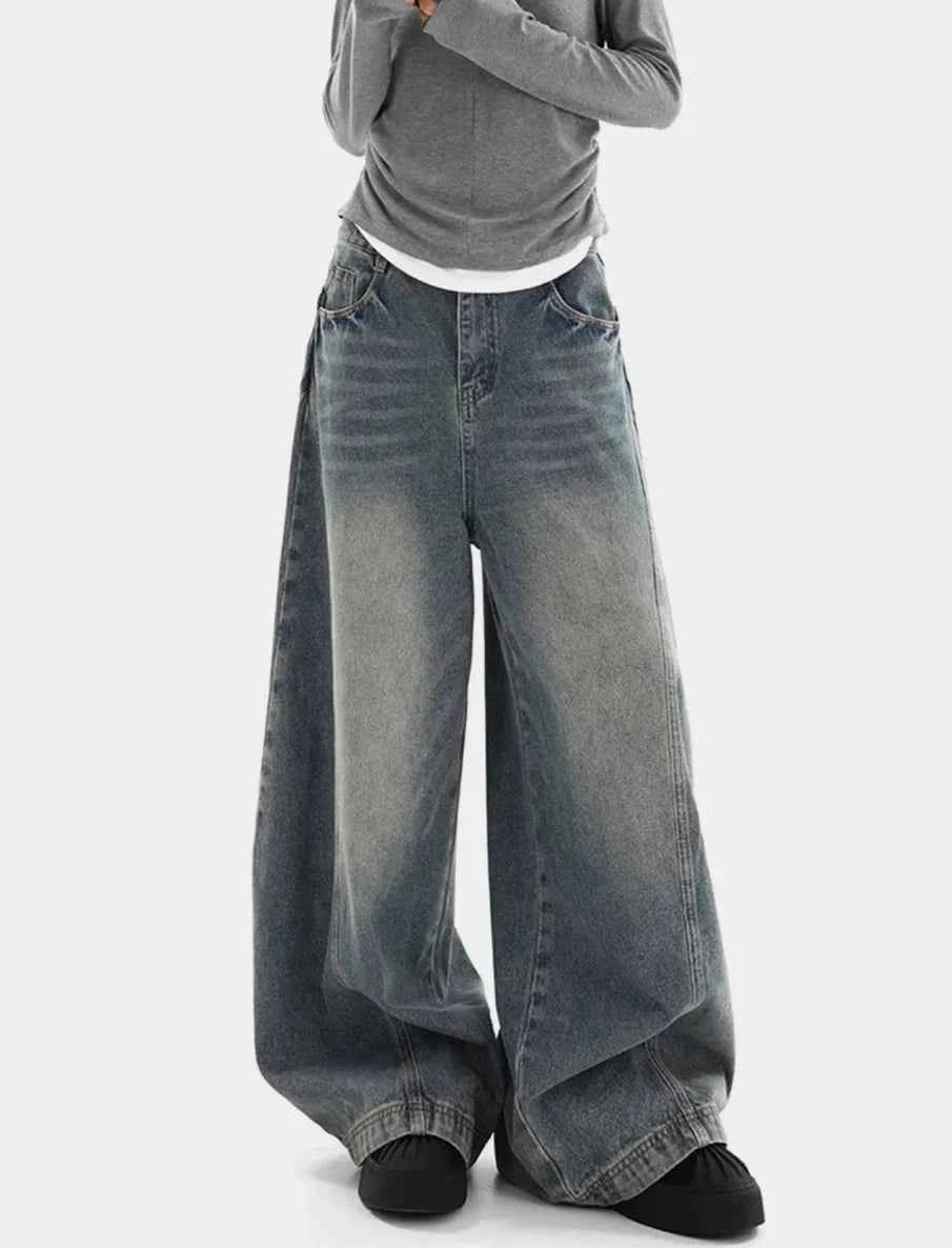 Streetwear Retro Washed Distressed Wide Leg Jeans