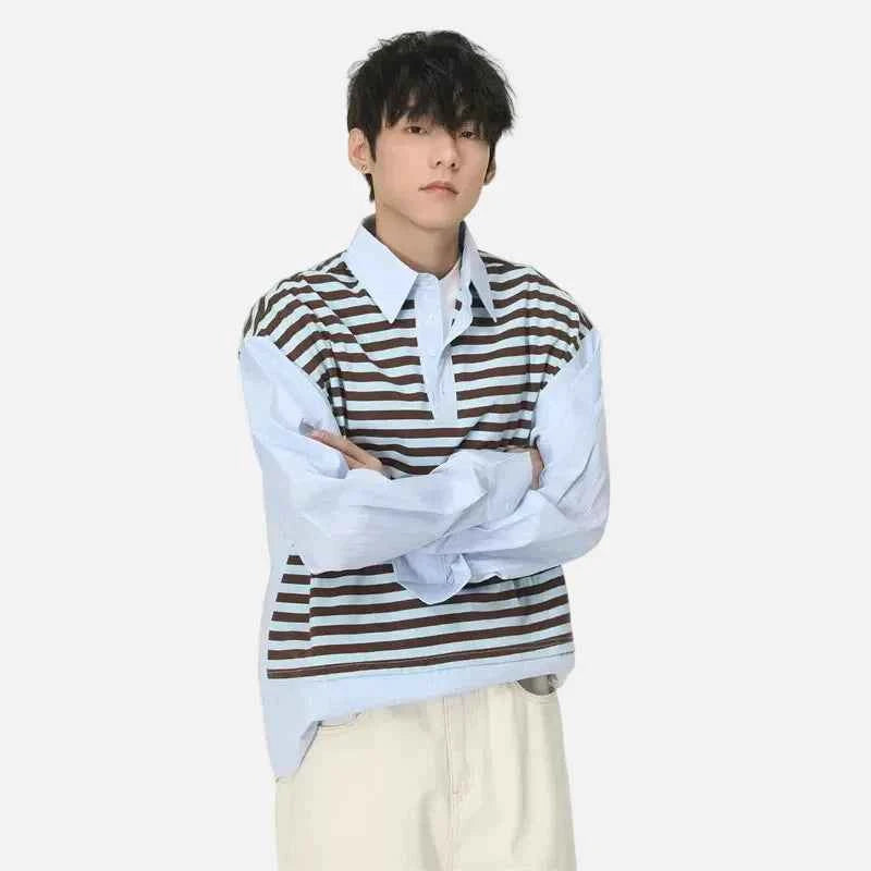 Classic Striped Fake Two Piece College Style Shirt
