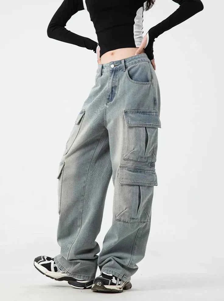 Timeless Fit Washed Denim Wide Leg Cargo Jeans