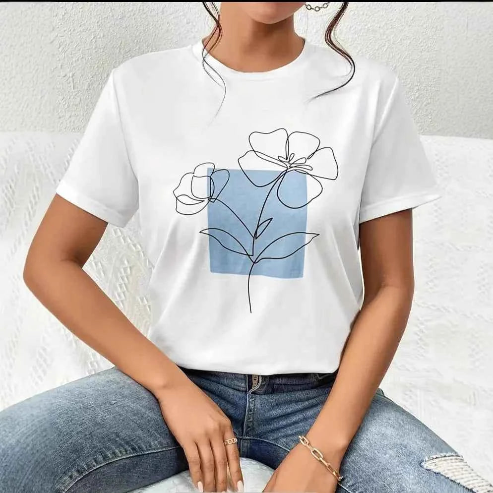 Women Floral Retro Printed Casual White T-Shirt