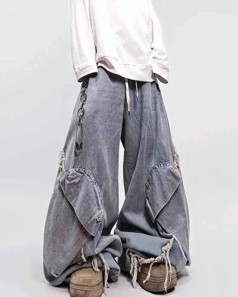 Minimalist Elastic Waist Pleated Wide Leg Jeans